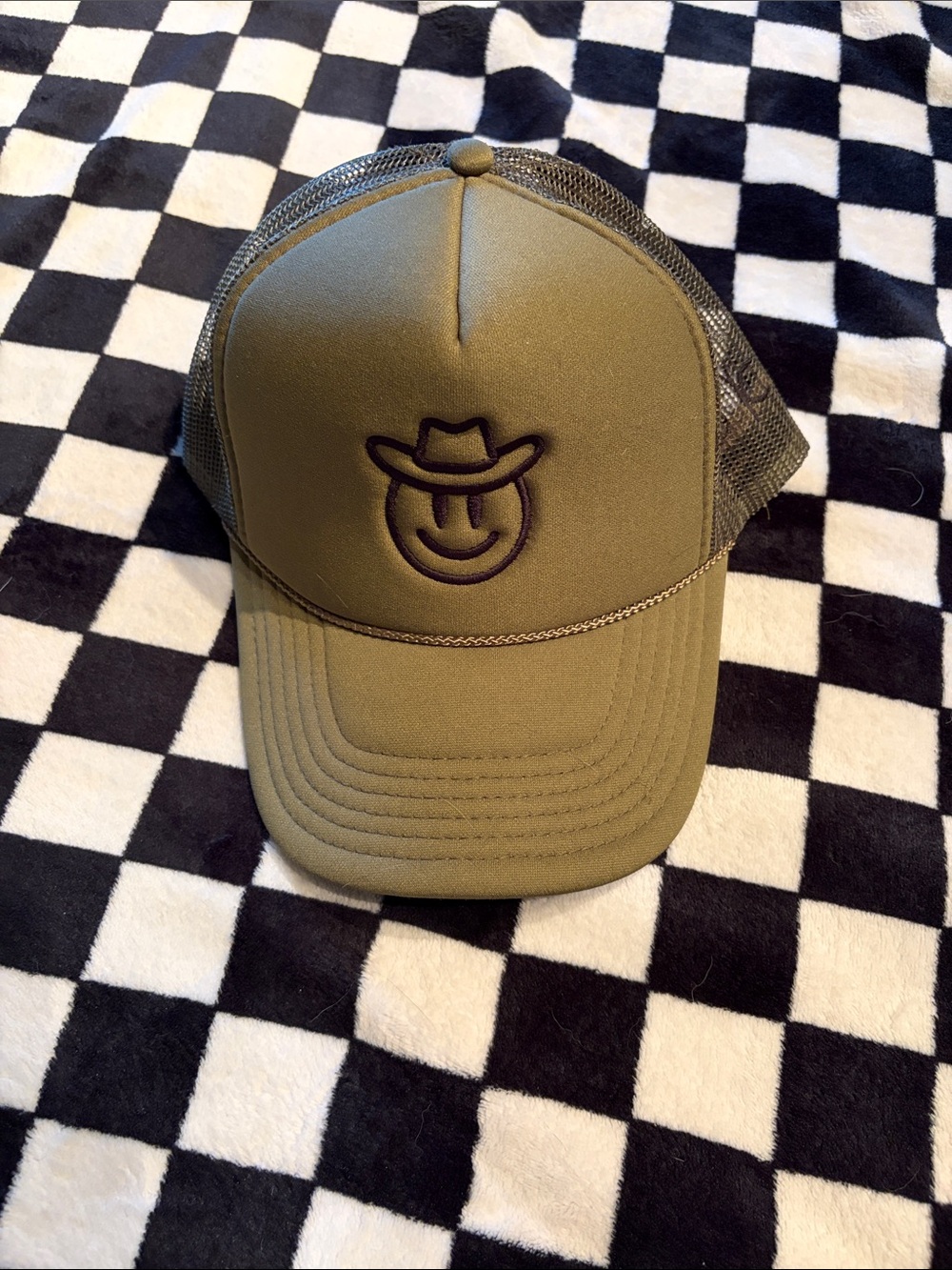Olive Green Trucker Hat with Smiley Cowboy Patch